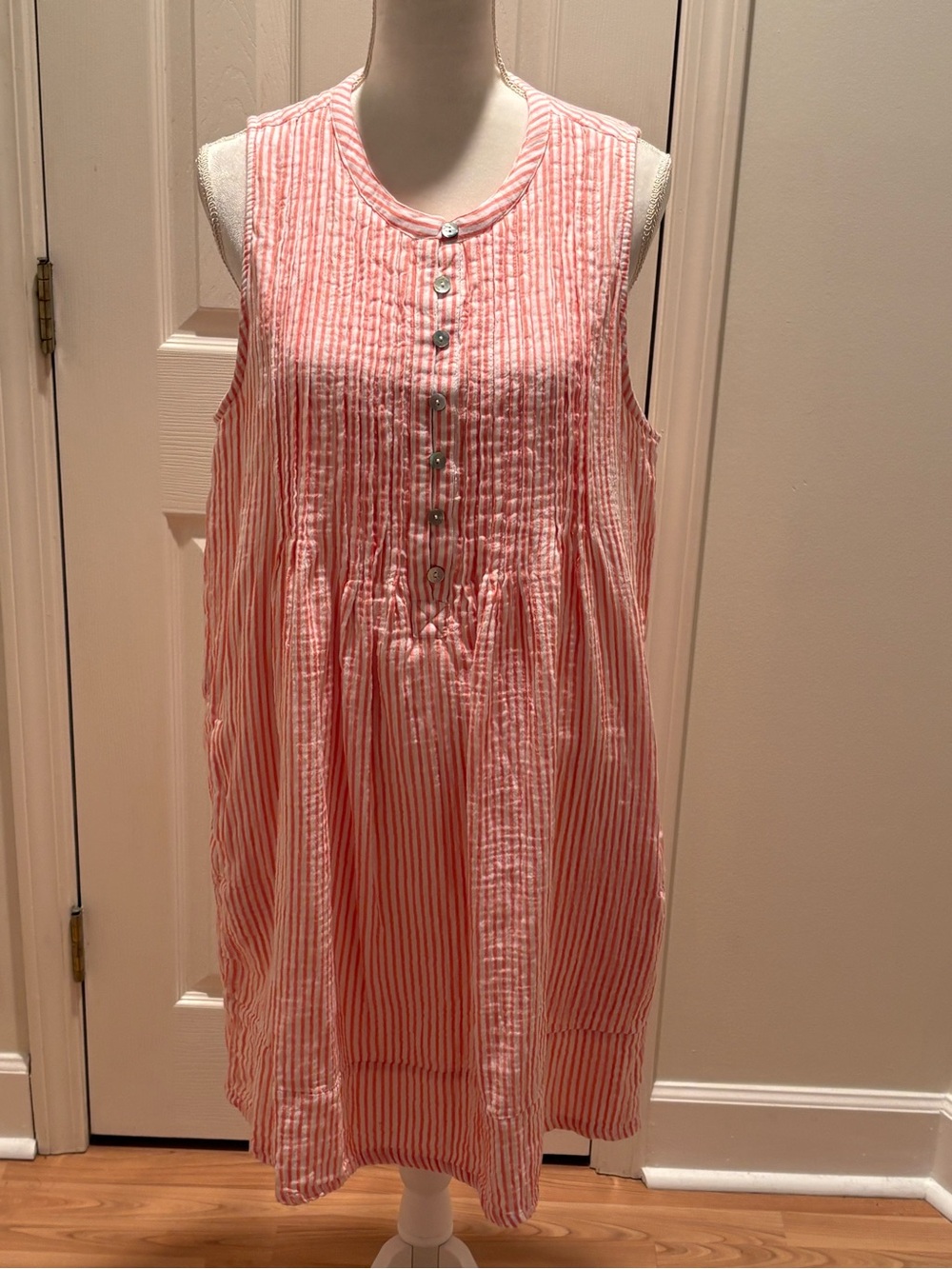 Quince Coral Pink White Striped Sleeveless Dress Large